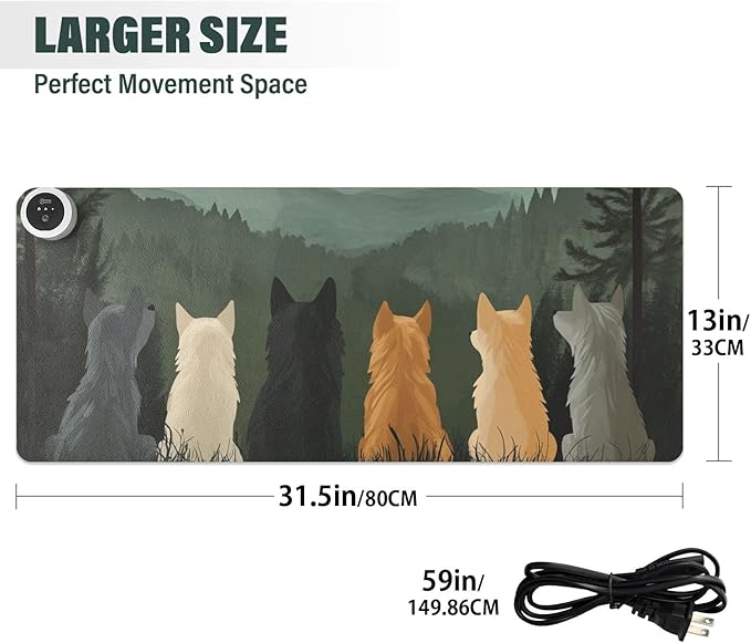 Heated Desk Pad Mouse Pad 31.5x13 Inch PU Leather Desk Mat with 3 Heat Levels Large Mouse Gaming Computer Laptop Mat Cute Wolves Back and Green Mountain