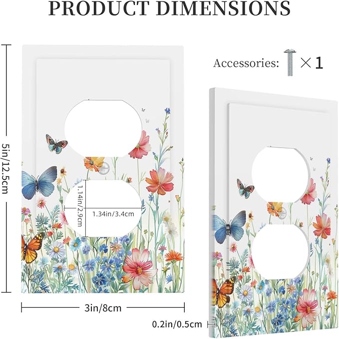 Decorative Outlet Covers Rustic Wildflower Blue Pink Floral Butterfly 1 Gang Duplex Light Switch Cover Plate Unique Wall Plates for Electrical Outlets Switch Plate Covers for Bedroom Decor