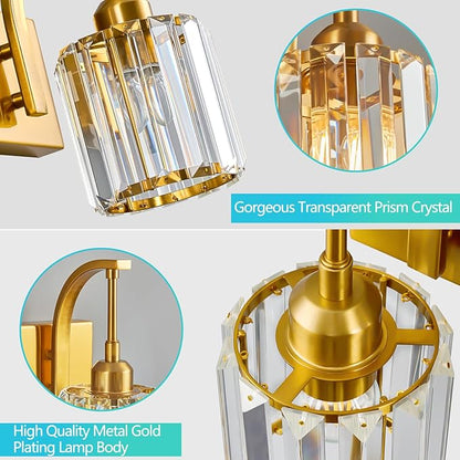 Bathroom Crystal Vanity Lights 2-Light Gold Wall Lamp Modern Crystal Bathroom Light Fixtures Over Mirror 13.77" Long Wall Sconce