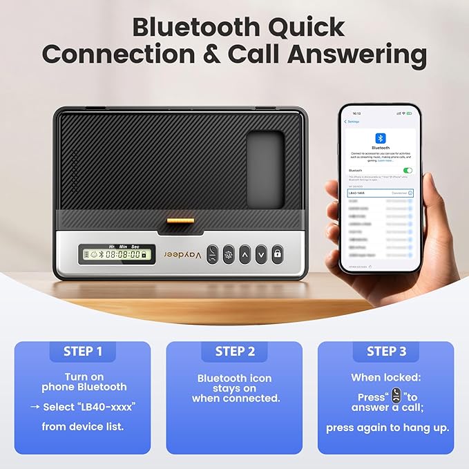 Vaydeer Phone Lock Box with Timer, Rechargeable Timed Lock Box with Digital Display, Bluetooth connection, Emergency Unlock, Build Focus & Self-Discipline for Study/Home/Office
