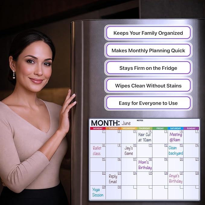 Refrigerator Calendar Magnetic Dry Erase - 17 x 12 iches Magnet Calendar for Fridge, Monday Start | Family Schedule Board, to-Do List & Work | Include 5 Markers & Eraser by Freedom Mastery