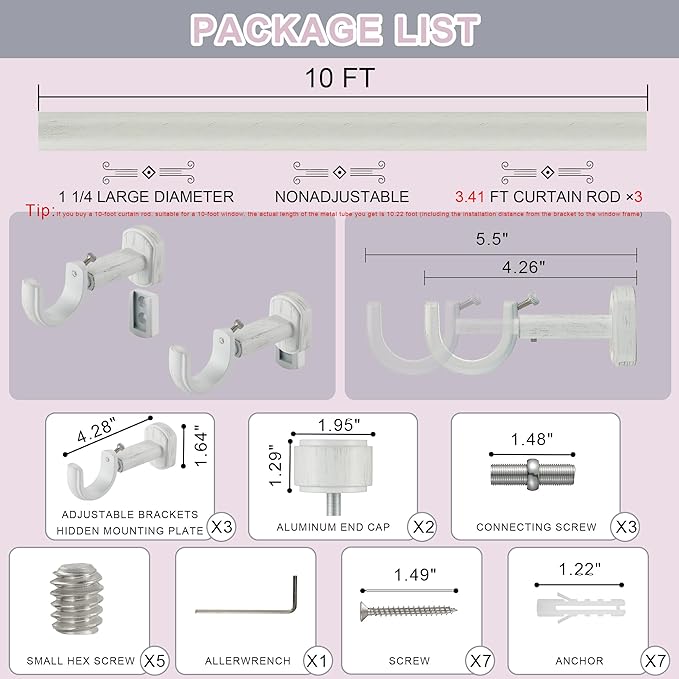Heavy Duty Curtain Rods,1 1/4" Large Diameter Premium Nonadjustable Curtain Rod,120in/10ft Custom Window Treatment Rods with Durable Aluminum Brackets and End Caps,White Finish