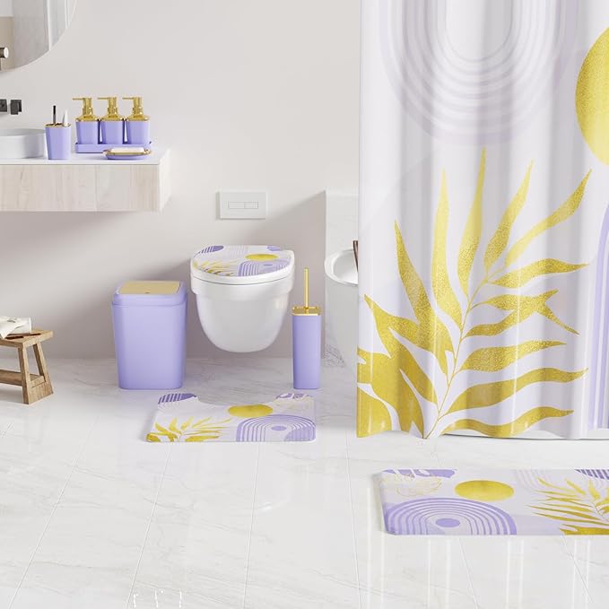 Bathroom Set - Bathroom Sets with Shower Curtain and Rugs, Bathroom Accessory Set, Purple Bathroom Accessories Set with Trash Can, Toilet Brush and Soap Dispensers
