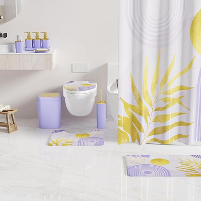 Bathroom Set - Bathroom Sets with Shower Curtain and Rugs, Bathroom Accessory Set, Purple Bathroom Accessories Set with Trash Can, Toilet Brush and Soap Dispensers
