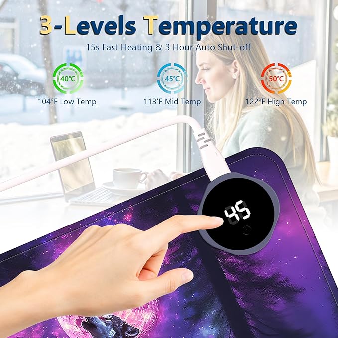 Heated Mouse Pad with 3 Temperature Settings(104°F–122°F),Large 24x14.2 Inch PU Leather Heated Desk Mat,Waterproof Warming Pad for Office,Gaming & Cold Hands Relief,Moon Wolf Howling