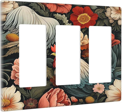 Light Switch Covers Rooster Flowers Red White Chicken Floral 3 Gang Rocker Electrical GFCI Decorative Triple Outlet Wall Plate Cover Switchplate for living Room Farmhouse Decor