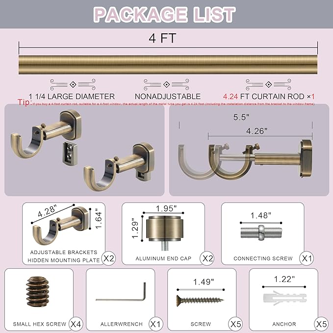 Heavy Duty Curtain Rods,1 1/4" Large Diameter Premium Nonadjustable Curtain Rod,48in/4ft Custom Window Treatment Rods with Durable Aluminum Brackets and End Caps,Antique Bronze Finish