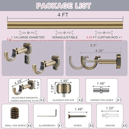 Heavy Duty Curtain Rods,1 1/4" Large Diameter Premium Nonadjustable Curtain Rod,48in/4ft Custom Window Treatment Rods with Durable Aluminum Brackets and End Caps,Antique Bronze Finish