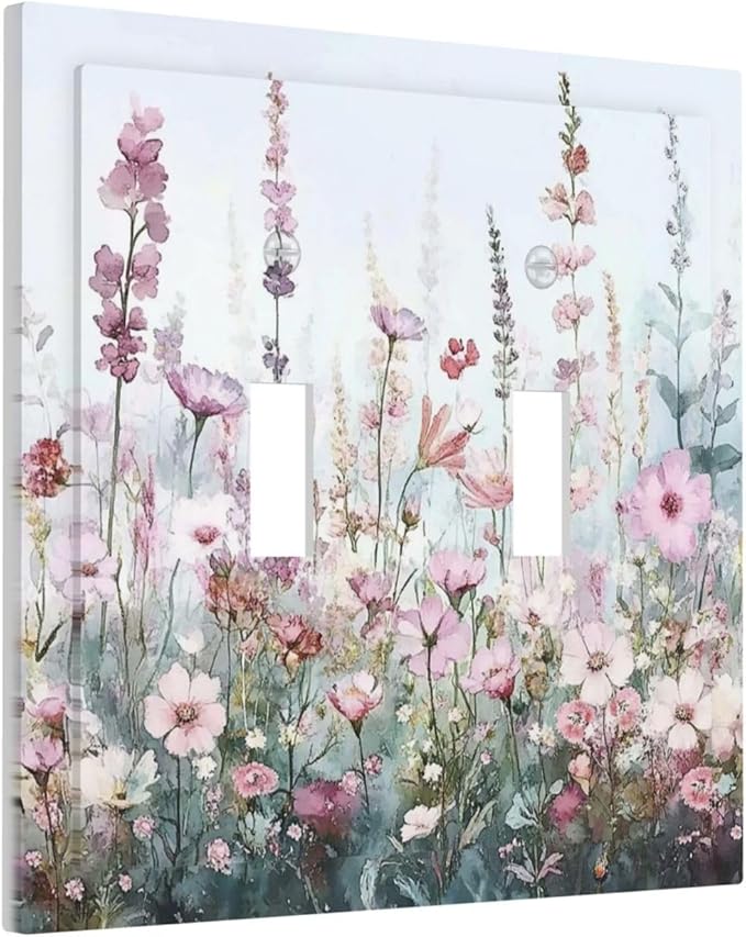 Pink Floral Watercolor Botanical Wildflowers Decorative Switch Plates 2 Gang Double Toggle Outlet Light Switch Cover Wall Plate Electrical Faceplate For Bed Room Living Room Decor