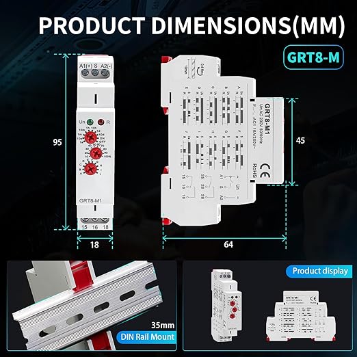 GRT8 M1 Multifunction Time Relay 16A AC 230V with 10 Relay Timer Control Delay Function Mode DIN Rail Electronic Relays of Wide Time Delay Range for 0.1 Seconds to 10 Days
