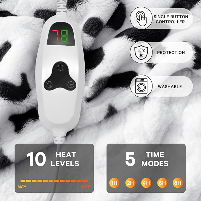 Black Heated Electric Blanket Throw,50X60 Cow Print Heating Blanket with 10 Heats Levels & 8 Hours Auto Off,Cute Cow Decor Stuff Soft Fleece Sherpa Blankets Warmer Gifts for Women Washable