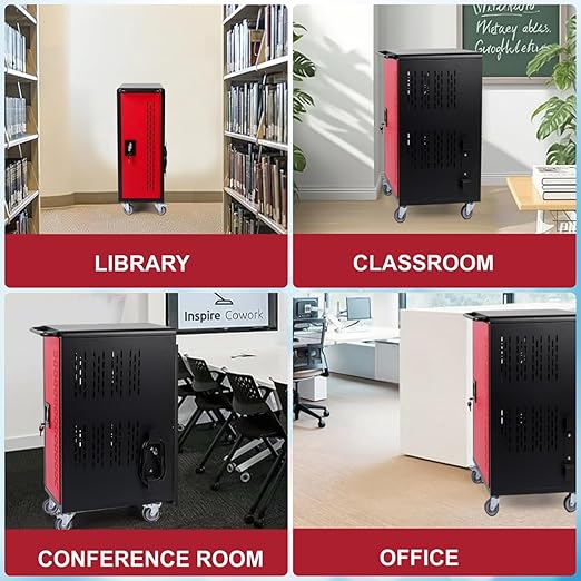 16 Unit Laptop Charging Cart Station, Mobile Charging Cabinet with Built-in Power Strip and Cable Organizers, Laptop Storage Box with Secure Locking & Wheels for Classrooms, Offices, Black