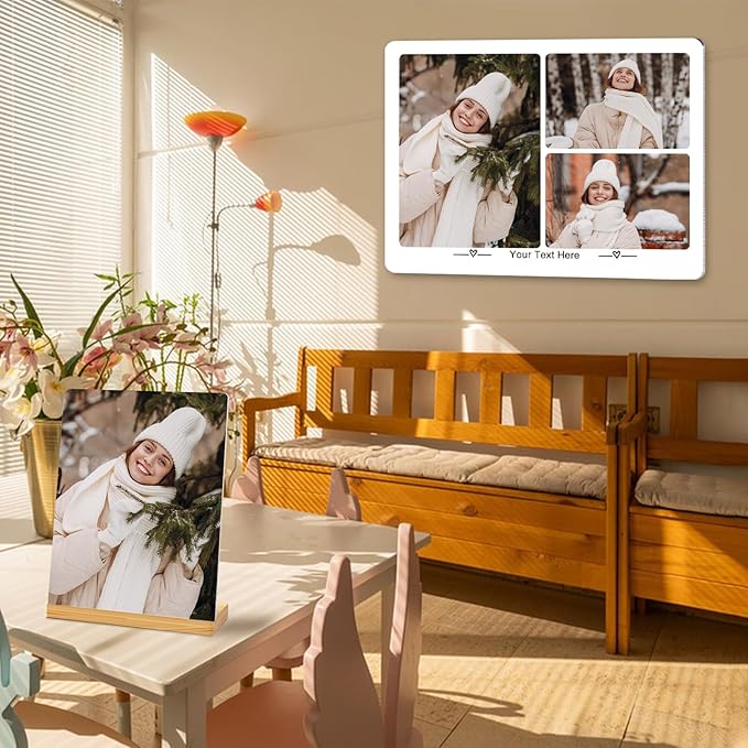 Custom Photo Prints - Metal Desktop Picture Frame with Collage Photos & Text & Wooden Base Personalized Gifts for Family Friends Lovers and Pets, Optional Multiple Sizes