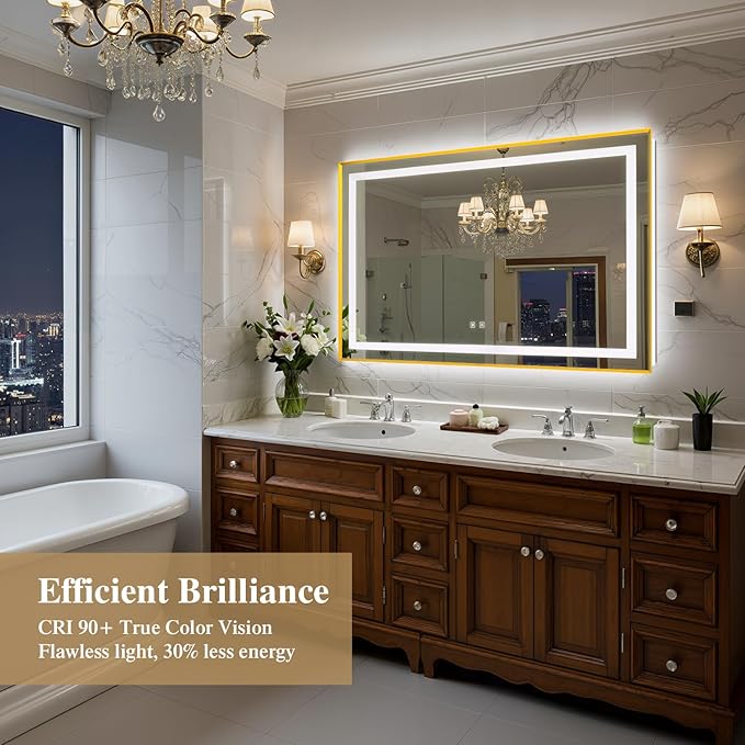 55X36 Inch LED Bathroom Mirror with Lights, Gold Frame Frontlit+ Backlit Bathroom Vanity Mirror for Wall, Ultra-Clear Tempered Glass, Shatter-Proof, Anti-Fog and Memory Function, ETL Listed