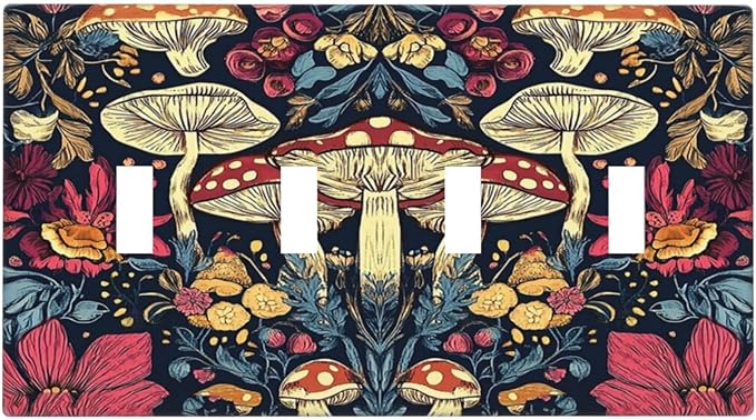 Light Switch Cover Plate Coloful Red Yellow Orange Magical Mushroom Forest 4 Gang Quad Toggle Wall Plate Electrical Outlet Cover Decorative Switch Plate Covers for Bedroom Home Decor