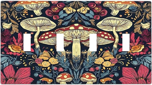 Light Switch Cover Plate Coloful Red Yellow Orange Magical Mushroom Forest 4 Gang Quad Toggle Wall Plate Electrical Outlet Cover Decorative Switch Plate Covers for Bedroom Home Decor