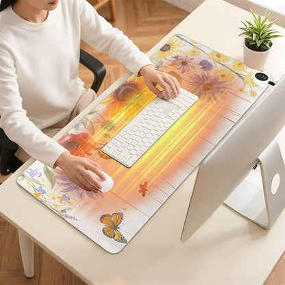 Heated Desk Pad Mouse Pad 31.5x13 Inch PU Leather Desk Mat with 3 Heat Levels Large Mouse Gaming Computer Laptop Mat Watercolor Cornflower Butterfly