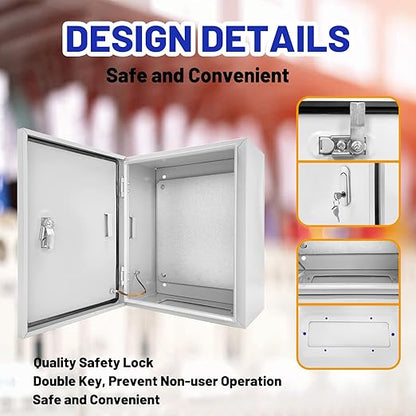 Outdoor Electrical Box 16 x 12 x 8”D NEMA 4X Enclosure Steel Box, Waterproof & Dustproof Outdoor/Indoor Lockable Electrical Junction Box, with Mounting Plate