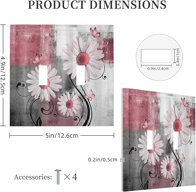 Decorative Switch Plates Pink Floral Rustic Daisy Flower And Butterfly 2 Gang Double Toggle Wall Plate Outlet Light Switch Cover Electrical Faceplate for Farmhouse Cabin Decor