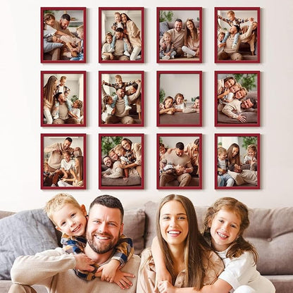 Renditions Gallery Set of 12, 8X10 Custom Photo Prints with Real Wood Picture Frames. Create Personalized Photos with Peel & Stick Photo Frames. Red Frame