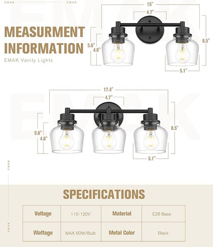 Emak Modern Black Bathroom Lights, Farmhouse Vanity Lighting Fixtures with Clear Glass Shade, 2-Light Vanity Lights for Bathroom, Makeup Desk, Mirror, VL122-BK-CG-2