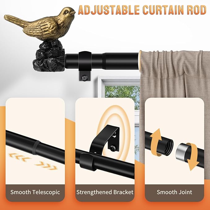 Decorative Black Curtain Rod 36 to 72 Inches Adjustable Drapery Rod with Bird Finials Heavy Duty Curtain Rods for Windows Living Room Kitchen