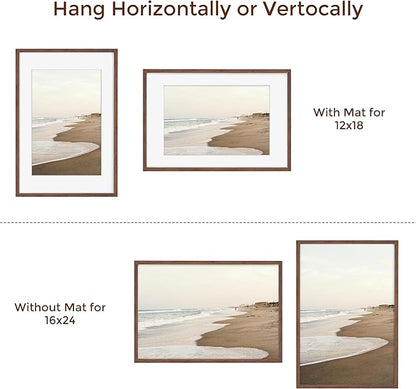 16x24 Picture Frame, 16 x 24 Poster Frames Set of 2, 16x24 Frame Solid Oak Wood & Tempered Glass, 16 x 24 Picture Frame with Mat for 12 x 18, Rustic Wooden 16"x24" Frames, Walnut Color