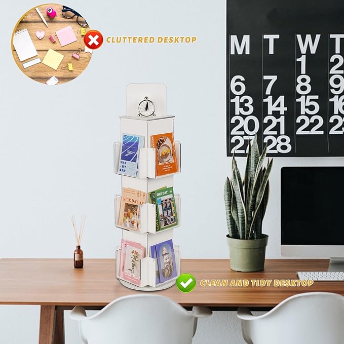 Natheeph Rotating Display Stand Greeting Card Display Wooden Display Rack with Two Card Sticker for Greeting Card Vendor Coffee Bag 3 Tier Tabletop Display Stand (White)