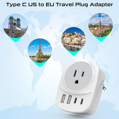 European Travel Plug Adapter,Universal Travel International Power Adapter 2 USBC Port and 2 USBA Port,Fast Charging USB C-C Woven Cable,USB C Power Plug for US to Europe Adapters for Multiple Devices