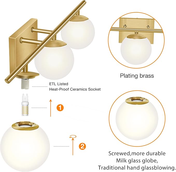 New Bathroom Vanity Light Fixtures 3 Lights Brushed Brass Glass Shade Modern Wall Bar Sconce Over Mirror