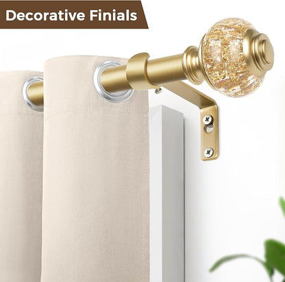 1 Inch Gold Curtain Rods for Windows 72 to 144 Inches (6 to 12 ft), USFOOK Telescoping Single Drapery Rod, Decorative Curtain Rod with Luxury Translucent Finials