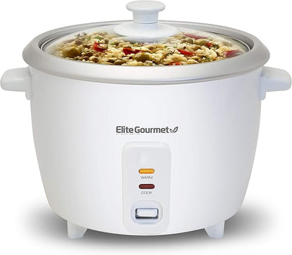 Elite Gourmet ERC-003X Electric Rice Cooker with Automatic Keep Warm Makes Soups, Stews, Grains, Hot Cereals, 6 Cups Cooked (3 Cups Uncooked), White