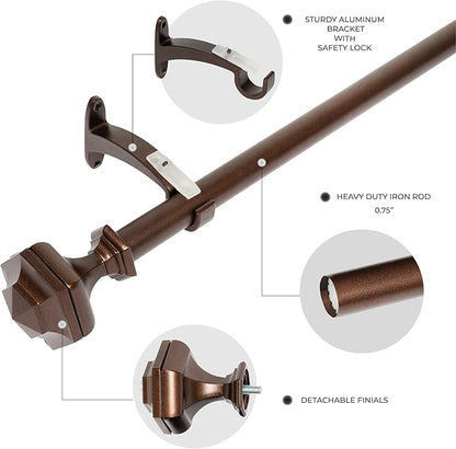 Deco Window Adjustable Curtain Rod for Windows 18 to 44 Inch (Pack of 1) Extendable Heavy Duty 3/4 Inch Iron Drapery Pole with Finials Wall Mounted French Door Curtain Rods (Brown)