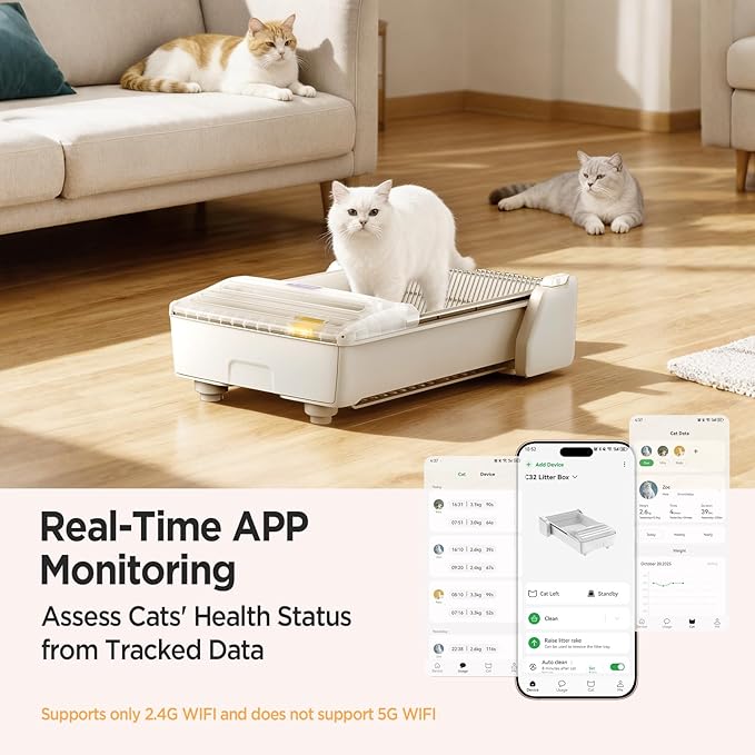 Robotail Fully-Open Automatic Self Cleaning Litter Box, Extra Large Space Electric Cat Litter Box with APP Control Health Monitor, Smart Litter Tray for Multiple Cats, with 20 Liners
