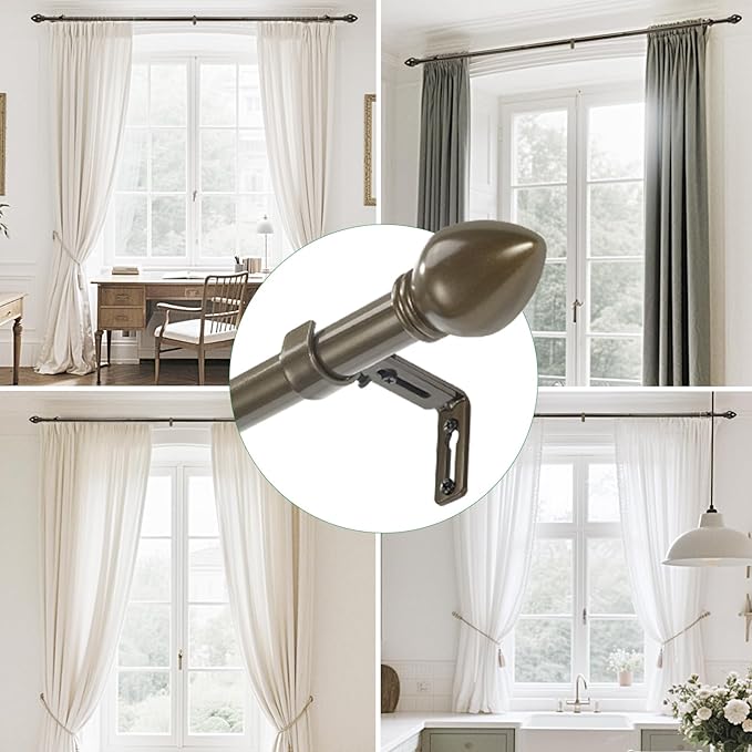 Curtain Rods for Windows 16 to 76 inches, Curtain Rod Max Adjustable Length to 88 in, Drapery Rod 1 inch Diameter with Modern Knobs Finials (Brown, 16" to 76" - Set of 2)