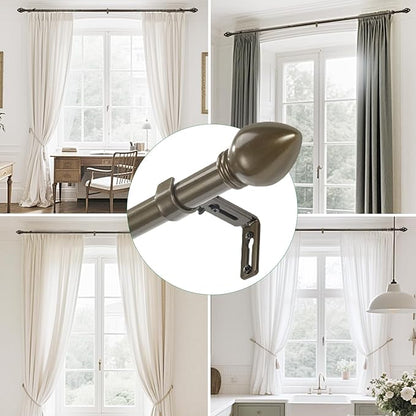 Curtain Rods for Windows 16 to 120 inches, Curtain Rod Max Adjustable Length to 132 in, Drapery Rod 1 inch Diameter with Modern Knobs Finials (Brown, 16" to 120" - Set of 1)