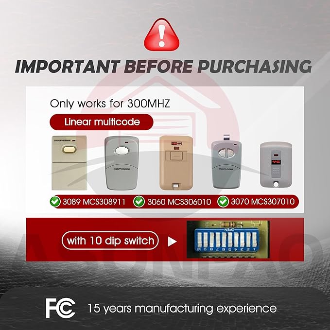 2X Multicode Linear 308911, 10 Dip Switch Gate Opener Remote 300MHz, Multi Code Garage Door Opener Remote, 3-Year-Warranty