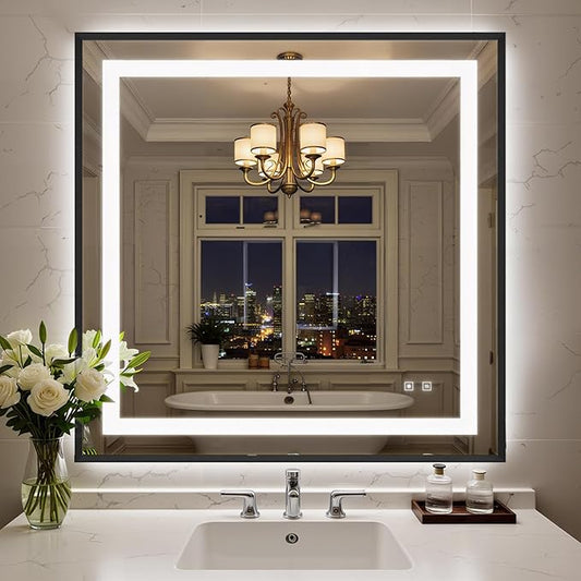 36X36 Inch LED Bathroom Mirror with Lights, Black Frame Frontlit+ Backlit Bathroom Vanity Mirror for Wall, Ultra-Clear Tempered Glass, Shatter-Proof, Anti-Fog and Memory Function, ETL Listed