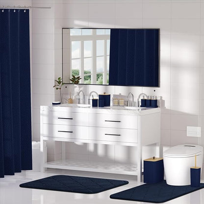 Bathroom Accessory Set - Navy Blue Bathroom Set, 27PC Bathroom Accessories Set, Bathroom Sets with Shower Curtain and Rugs, Mini Trash Can, Toilet Brush, Trash Can & Soap Dispenser