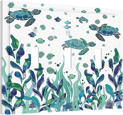Decorative Switch Plates Vibrant Turtle Seagrass Watercolor Painting 3 Gang Wall Plate Triple Toggle Light Switch Cover Faceplate Electrical Wall Panels for Bathroom living Room Decor