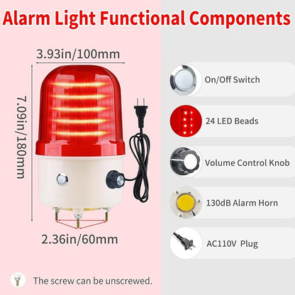 Industrial LED Rotating Warning Light, AC110V Red Strobe Light for Public Emergency Alarms, Indoor/Outdoor Safety Siren with Volume Adjustment/Plug and Buzzer (RED PRO(0-130dB,AC110V))