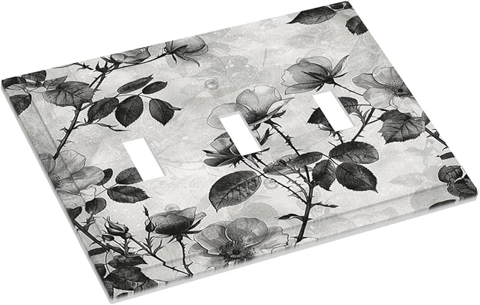 Decorative Switch Plates Black Breezy Watercolor Garden Floral 3 Gang Wall Plate Triple Toggle Light Switch Cover Faceplate Electrical Wall Panels for Bedroom Home Decor