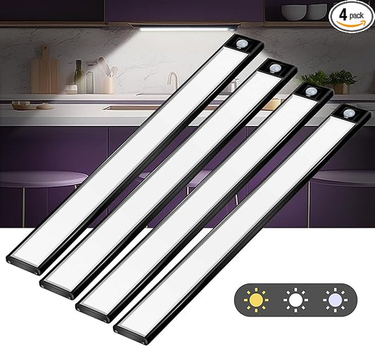 69 LED Under Cabinet Lighting 4 Pack, 3-Color Dimmable Motion Sensor, 3000mAh Rechargeable, Wireless Battery Operated Lights for Closet, Kitchen, Counter - Brighten Your Space Effortlessly