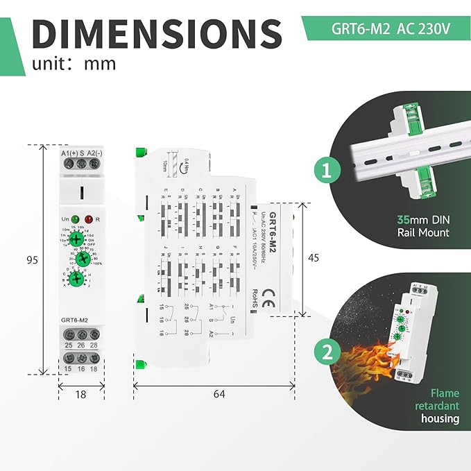 Multifunction Time Relay Module 10A, Adjustable Delay Timer Switch, 0.1s-10 Days Wide Time Range Delay AC230V Factory Automation Time Relay Universal Voltage DIN Rail GTR-6 M2 AC230V