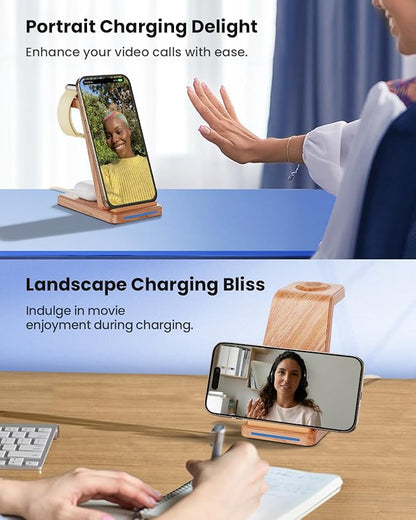 Wireless Charging Station, 3 in 1 Wireless Charger Stand for Multiple Apple Devices, Charging Dock for iPhone 16 15 14 13 12 11 Pro Max XS 8, Apple Watch 8 7 6 SE 5 4 3 2, 3/2/Pro, Wood