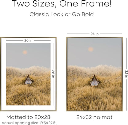 Homeforia 24x32 Picture Frame Bronze, High End Metal 24 x 32 Large Poster Frames with Mat 20 by 28 Photo, 24x32 Brass Frame Matted to 20x28 Print, 32x24 Thin Frames, Tempered Glass, Wall Kit, Set of 2