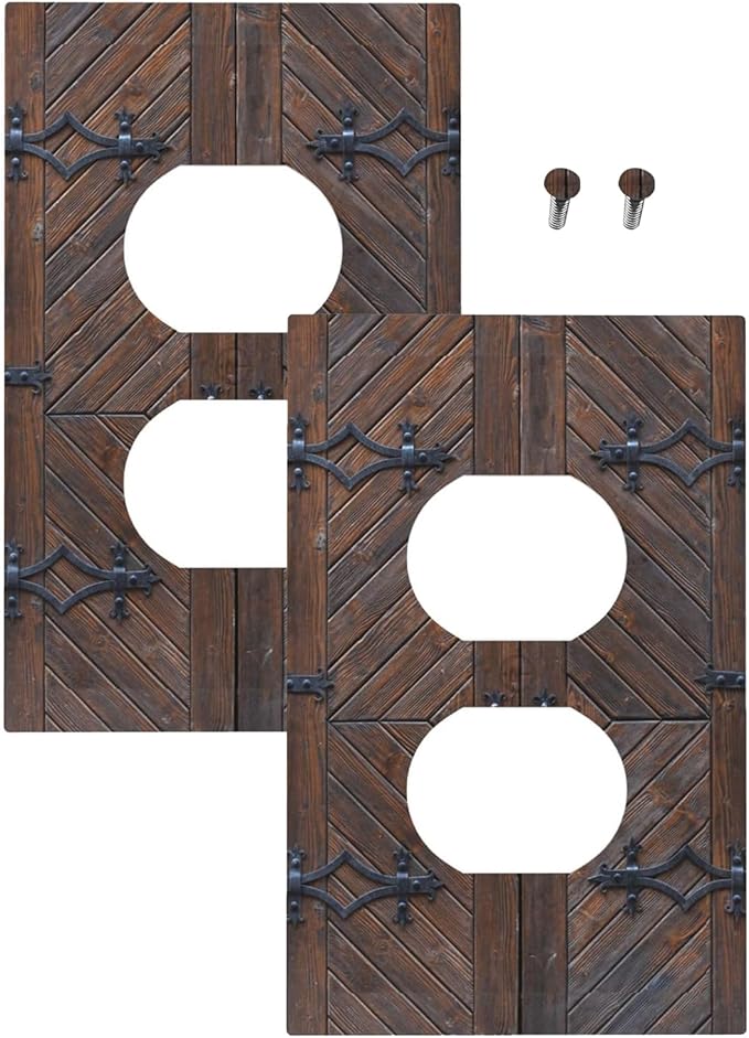 Decorative Outlet Covers Vintage Brown Wood Barn Door 1 Gang Duplex Light Switch Cover Plate Unique Wall Plate Electrical Switch Plate Covers for Farmhouse Home Decor （2 Pack）