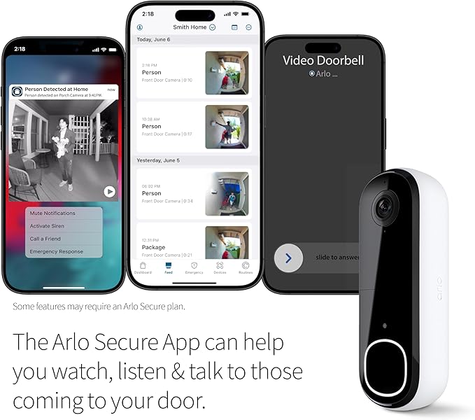 Arlo Video Doorbell 2K (2nd Gen, Latest Release), Wireless or Wired Option, 2-Way Audio, Night Vision, Head to Toe Video View, Package Detection, Person & Vehicle Recognition, 1-Month Secure Plan