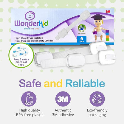 Adjustable & Reusable Child Safety Cabinet Locks & Latches, Baby Proofing Door Window, Cabinet, Toilet, & Refrigerator Lock, Child Safety Strap Locks with Adhesive Pads, Pack of 6, White - Wonderkid