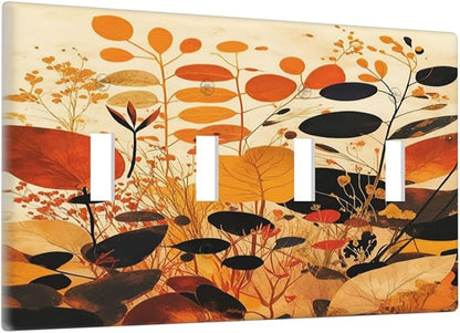 Light Switch Covers Boho Warm Colorful Plant Leaves Quad Toggle 4 Gang Wall Plate Electrical Faceplate Decorative Switch Plates for Bedroom living Room Decor